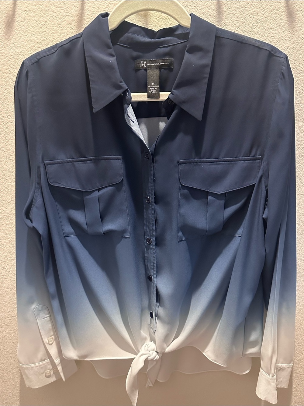 INC International Ombre Navy to White Tie-Front Button-Down Shirt
